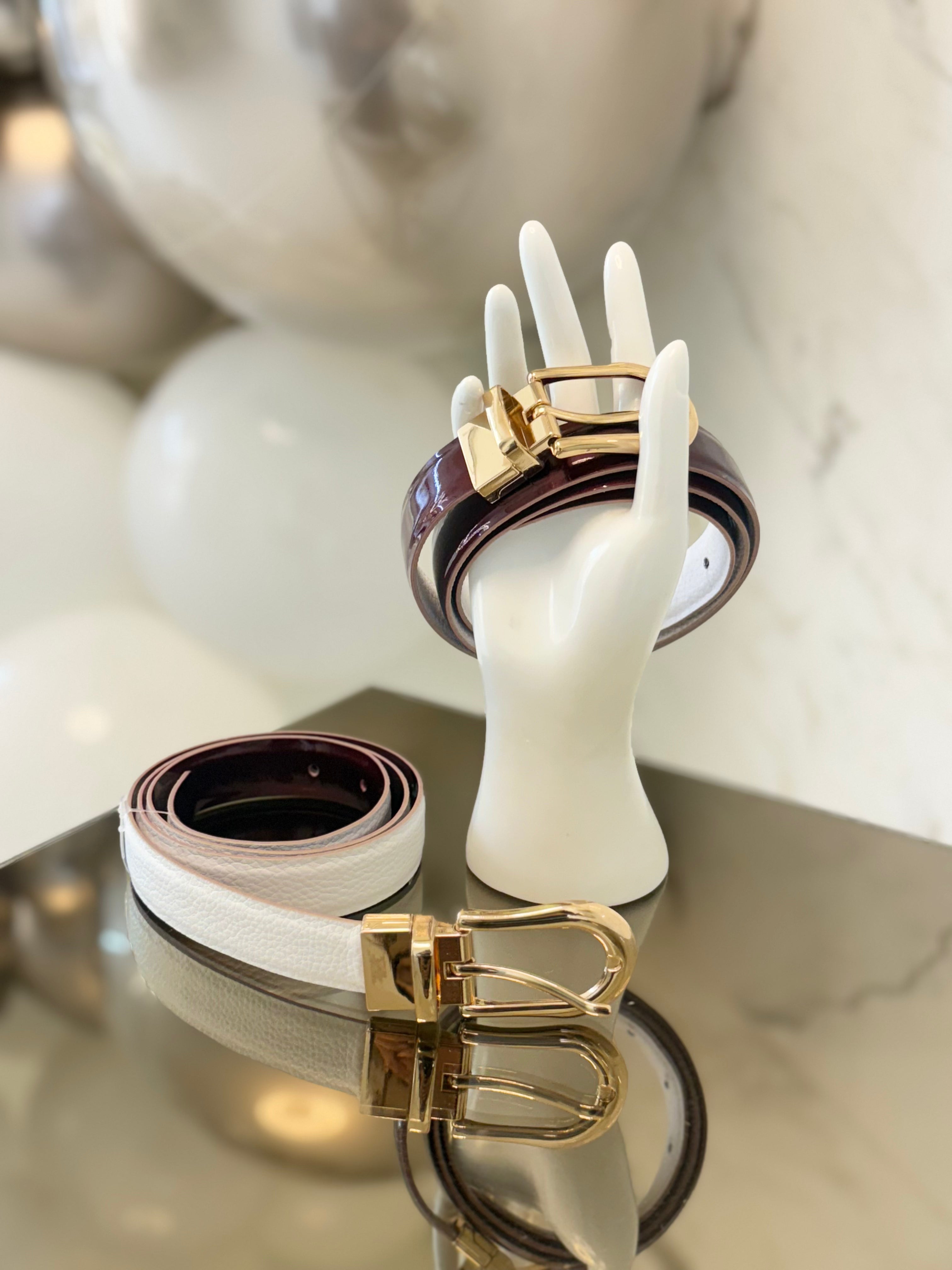 Cinturón doble faz vino charol blanco