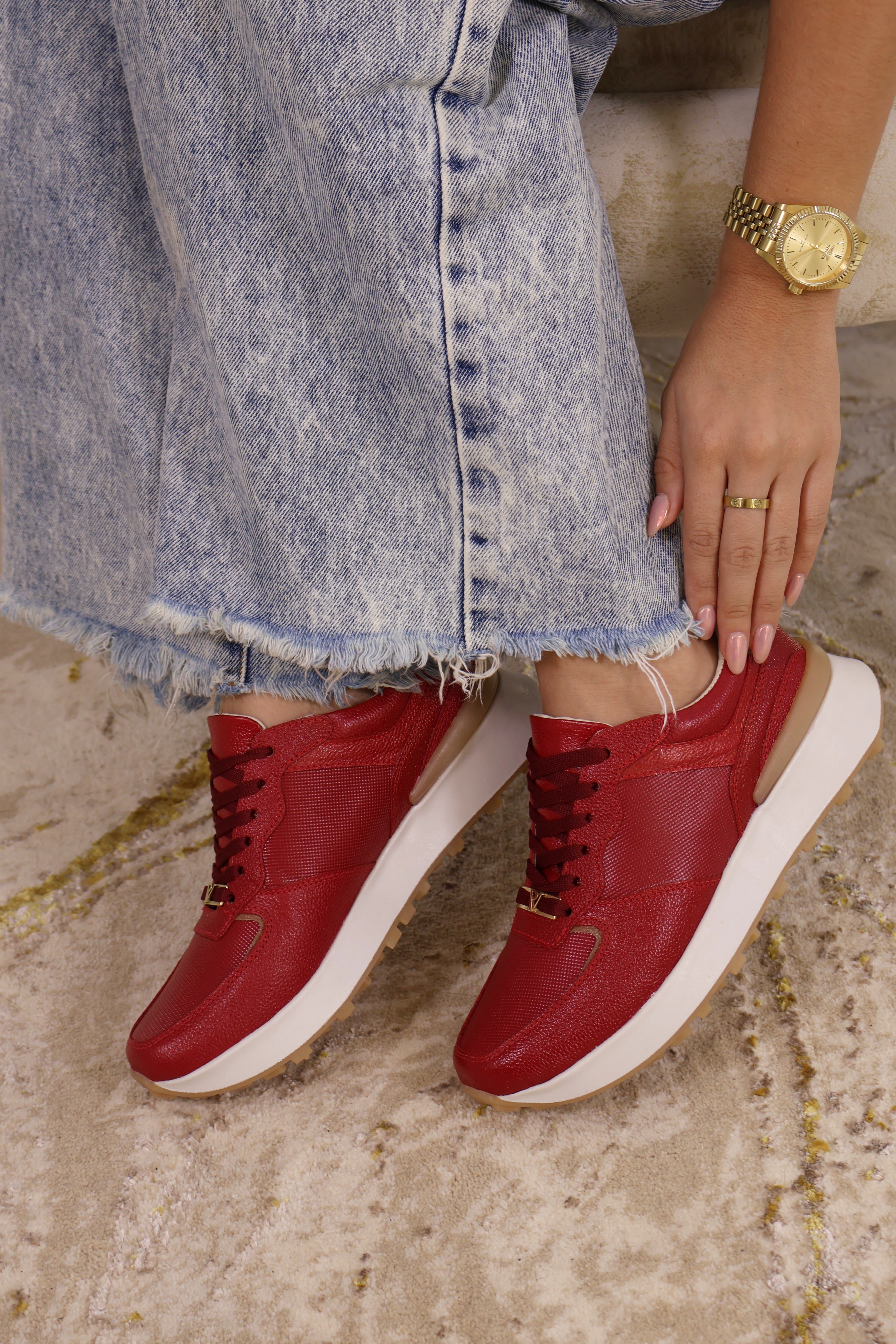 Tenis milu rojo miel en cuero