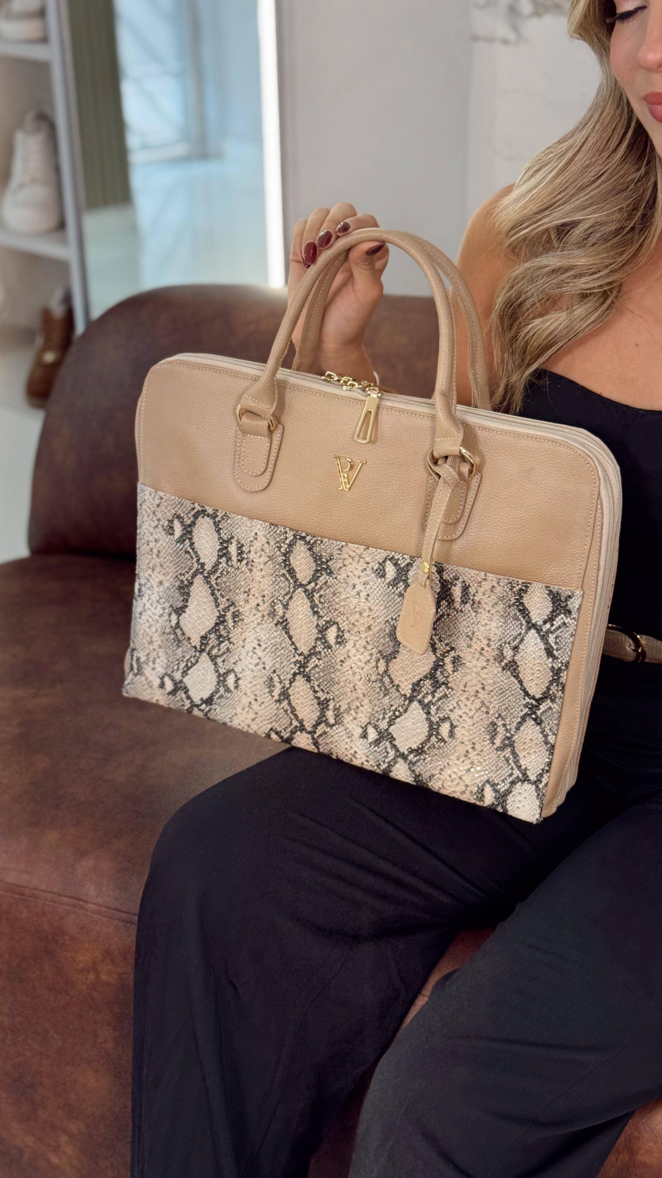 Bolso de cuero ejecutivo taupe x pitón