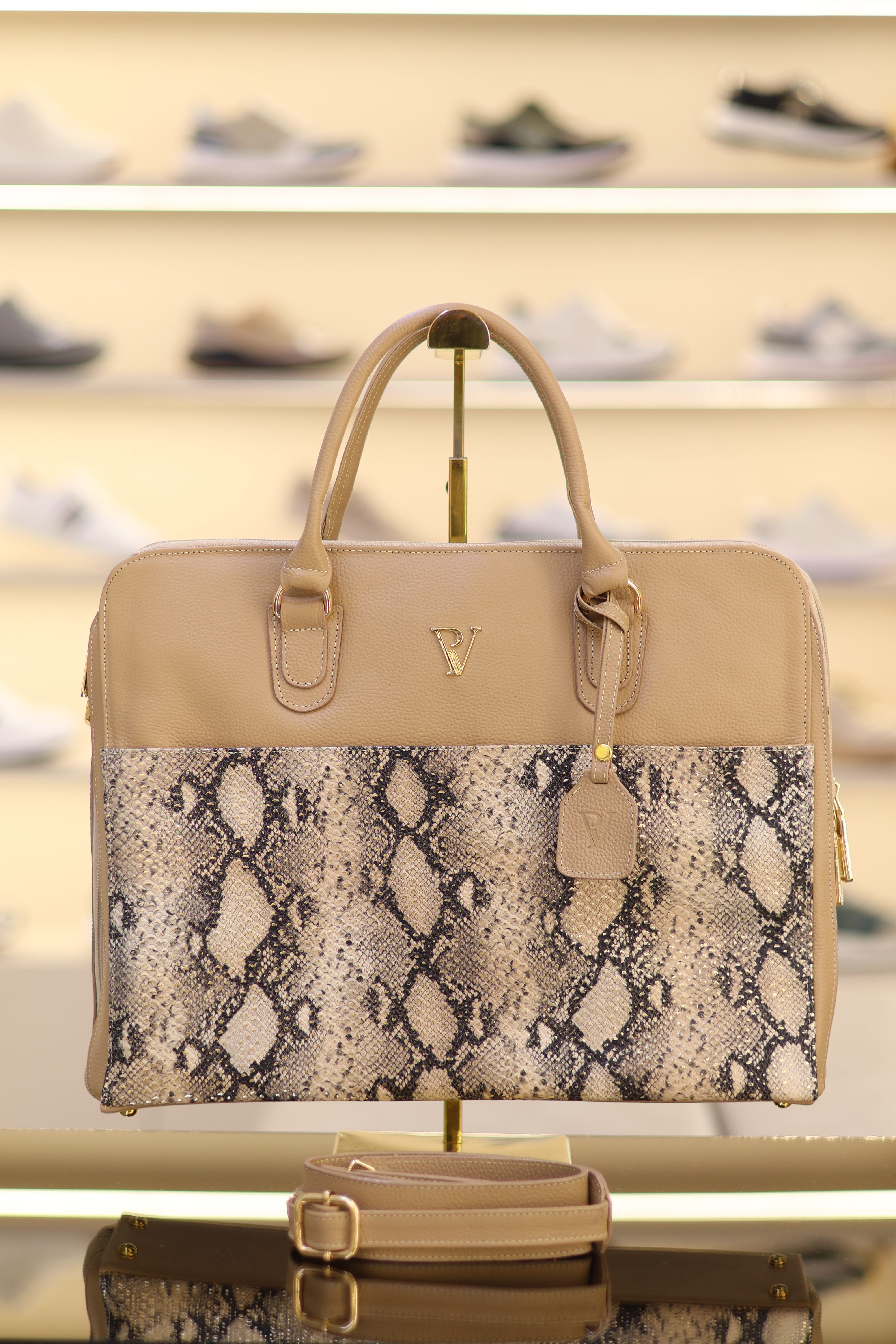 Bolso de cuero ejecutivo taupe x pitón