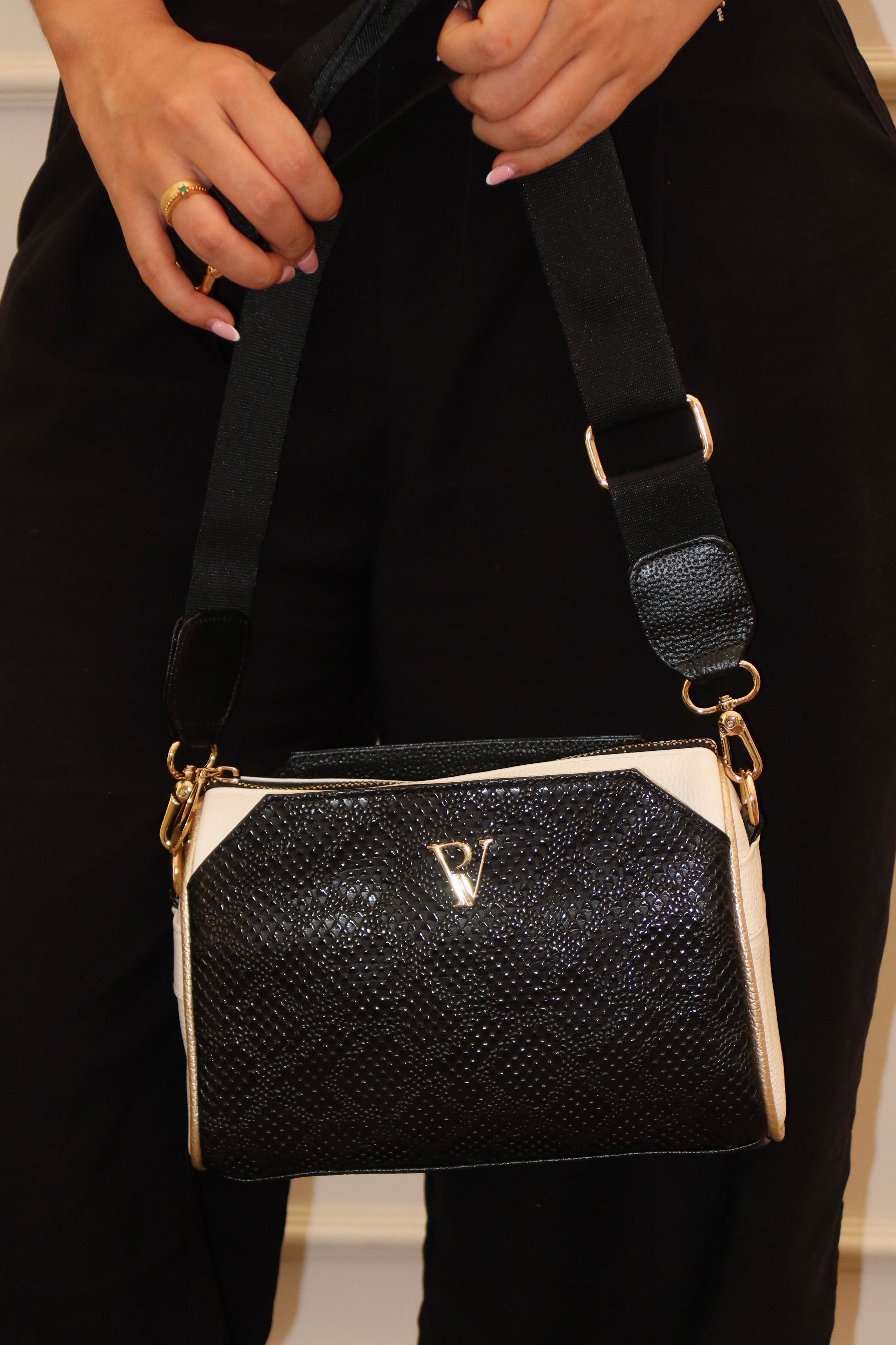 Bolso Tiffany en cuero Negro/Marfil