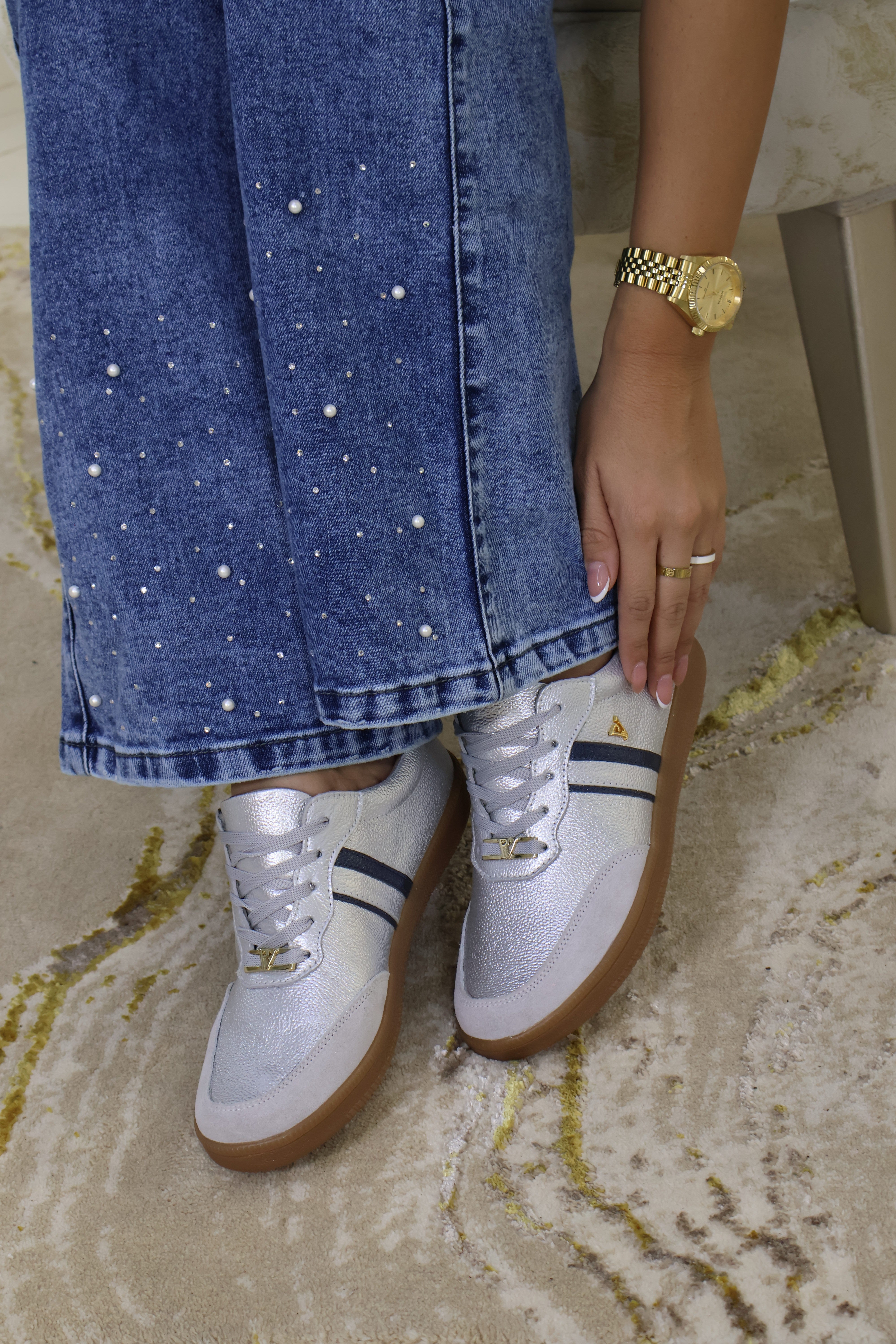 Tenis Megan Plata x azul en cuero