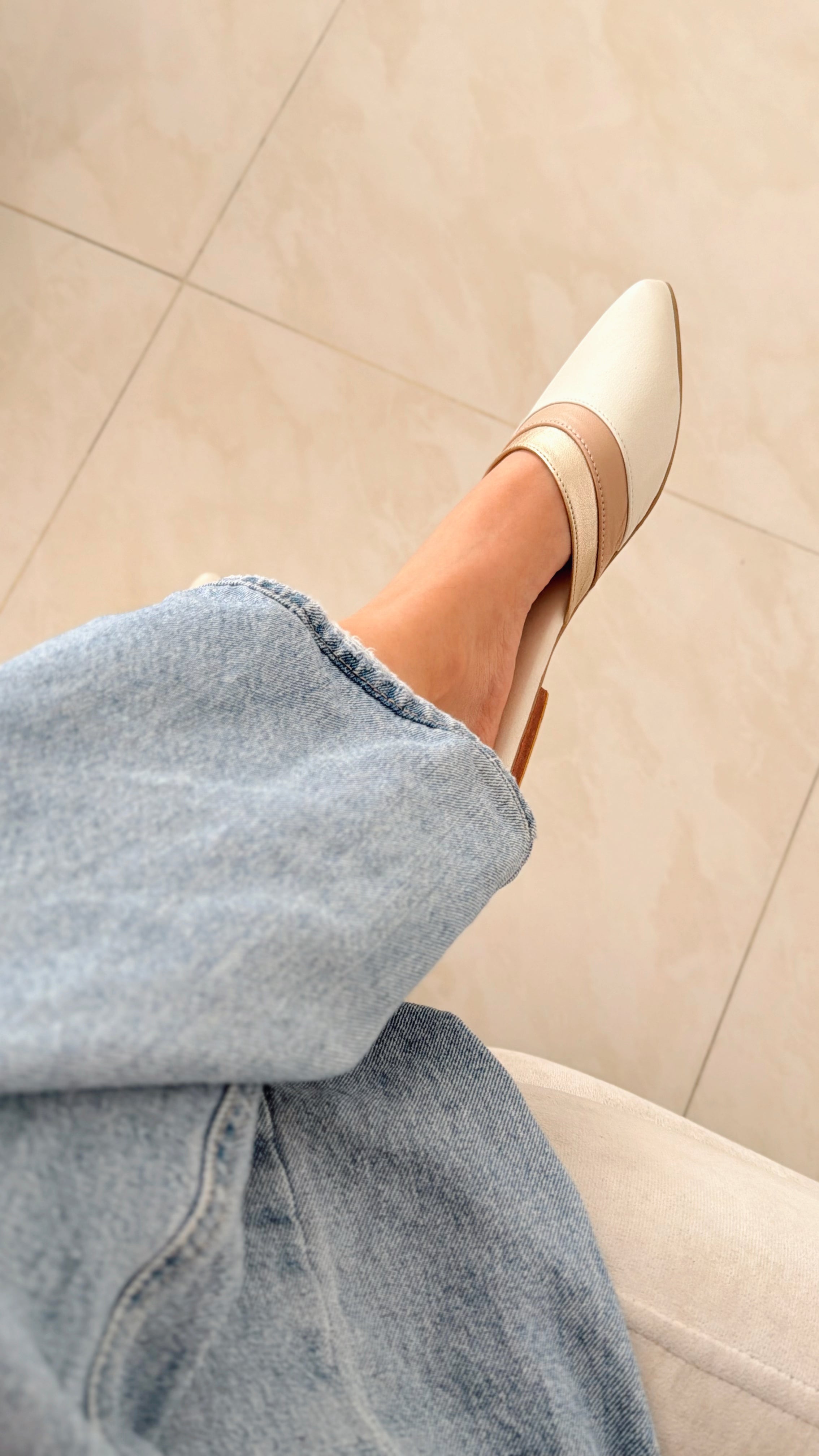 Baleta Puntuda en Cuero Talco Oro Nude