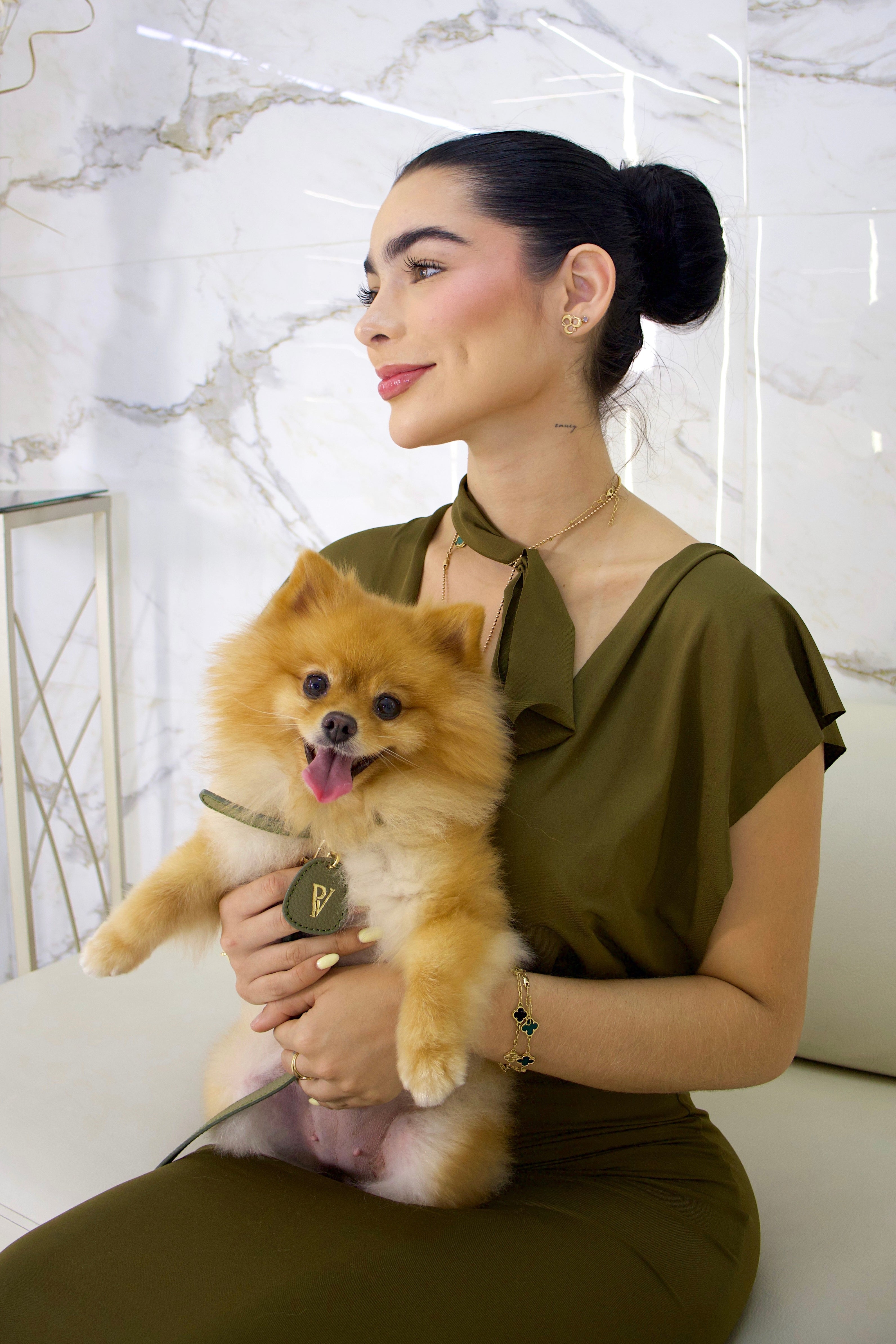 Correa en cuero verde oliva para perritos